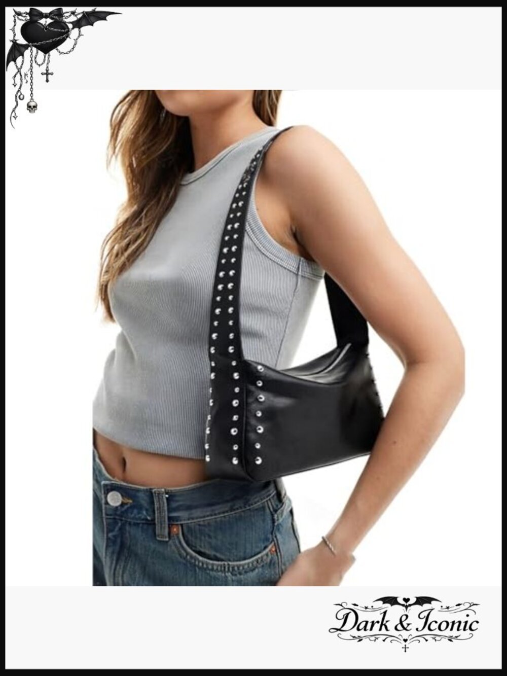 Vegan Studded Shoulder Bag with Adjustable Strap, Y2K Style Small Purse - Picture 2 of 7